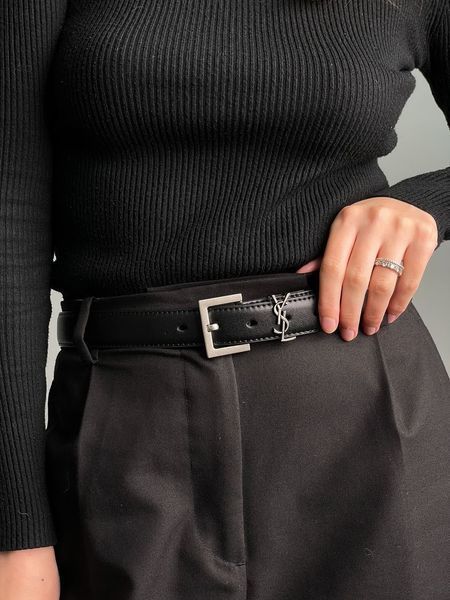 Ремень Saint Laurent Cassandre Belt in Black Leather/Silver Buckle 66119 фото