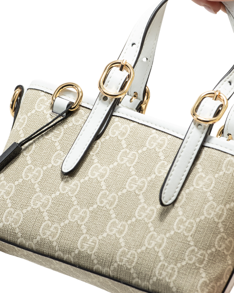 Сумка Gucci GG Emblem Mini Bag in Beige and White Monogram Coated Canvas 0445 фото