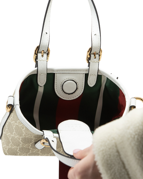 Сумка Gucci GG Emblem Mini Bag in Beige and White Monogram Coated Canvas 0445 фото