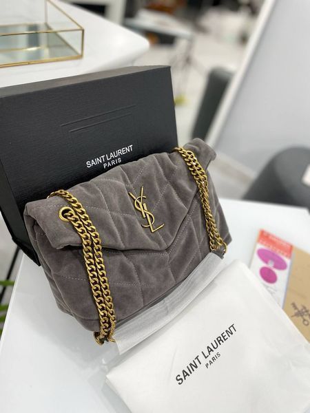 Cумка Saint Laurent Lou Puffer Bag in Quilted Suede Grey 250991 фото