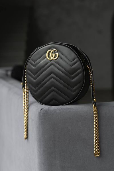 Сумка Gucci GG Marmont Mini Round Shoulder Bag in Black Leather 0346 фото