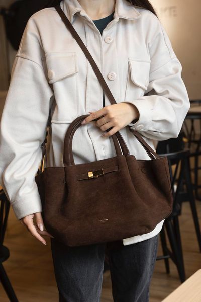 Сумка DeMellier The Midi New York Tote Bag in Mocha Suede & Mocha Smooth/Gold Hardware 0500 фото