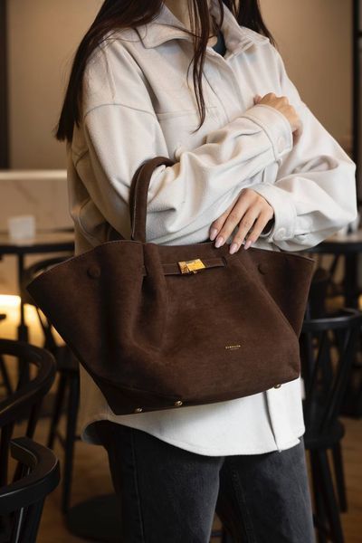 Сумка DeMellier The Midi New York Tote Bag in Mocha Suede & Mocha Smooth/Gold Hardware 0500 фото