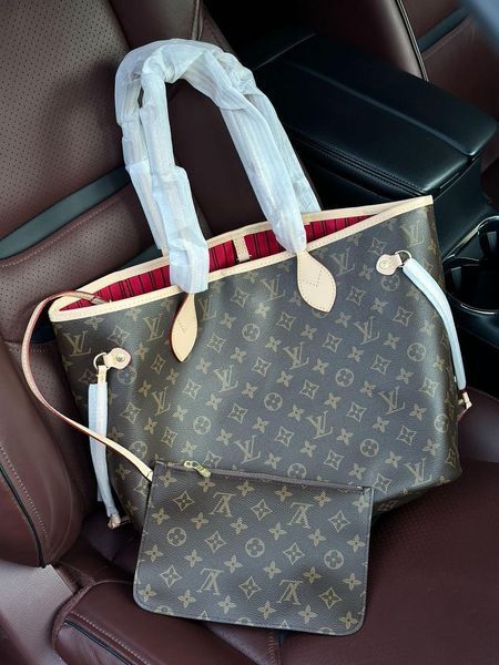 Сумка Louis Vuitton Neverfull MM in Brown Monogram Coated Canvas/Cerise Red 0173 фото