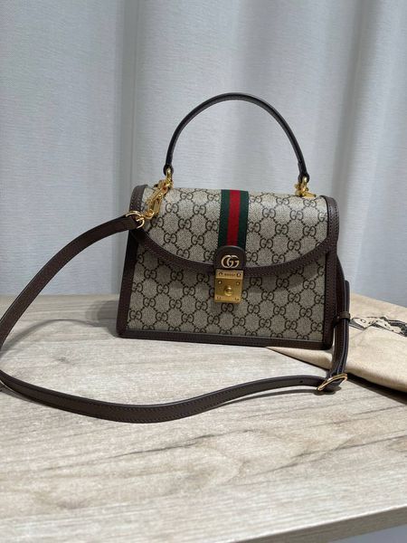Сумка Gucci Ophidia Medium Top Handle Bag Brown and Ebony GG Supreme Canvas/Brown Leather Trim 0402 фото