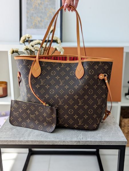 Сумка Louis Vuitton Neverfull MM in Brown Monogram Coated Canvas/Cerise Red 0173 фото