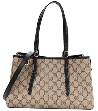 Сумка Gucci GG Emblem Medium Tote Bag in Beige Monogram Coated Canvas with Black Leather 595 фото