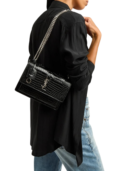 Сумка Saint Laurent Sunset Medium Shoulder Bag in Black Crocodile Embossed Leather with Silver Hardware 3304 фото