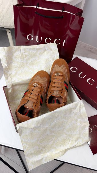 Жіночі кеди Gucci Shift Sneakers in Brown Fabric & Suede Premium 37 94385 фото