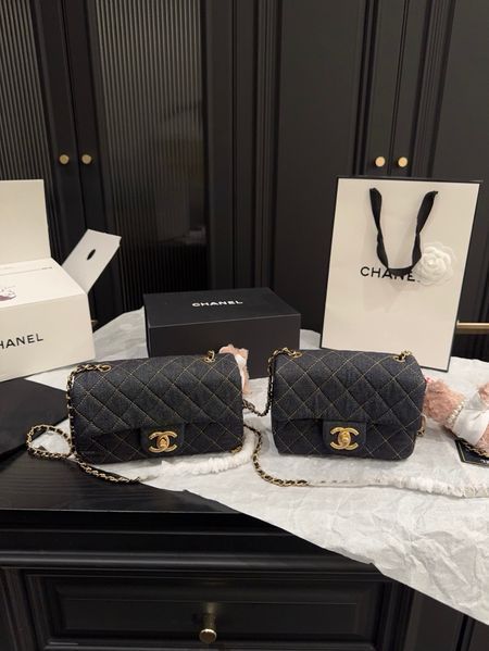 Сумка Chanel Mini Classic Flap Bag in Dark Blue Quilted Denim & Orange/Gold-Tone Metal 7922 фото