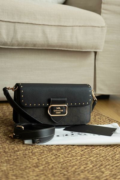 Сумка Coach Morgan Shoulder Bag in Colorblock Signature Canvas with Rivets Brown Black Multi/Gold 0584 фото