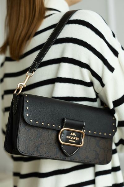 Сумка Coach Morgan Shoulder Bag in Colorblock Signature Canvas with Rivets Brown Black Multi/Gold 0584 фото