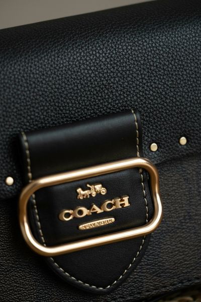 Сумка Coach Morgan Shoulder Bag in Colorblock Signature Canvas with Rivets Brown Black Multi/Gold 0584 фото