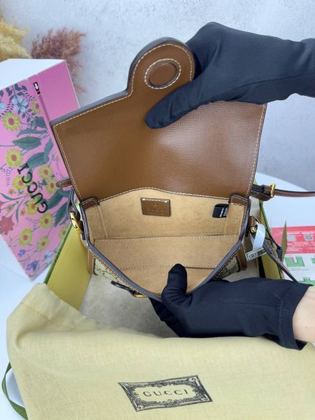 Cумка Gucci Horsebit 1955 Mini Bag in Beige and Dark Brown GG Supreme Canvas/Brown Leather Trim 137 фото