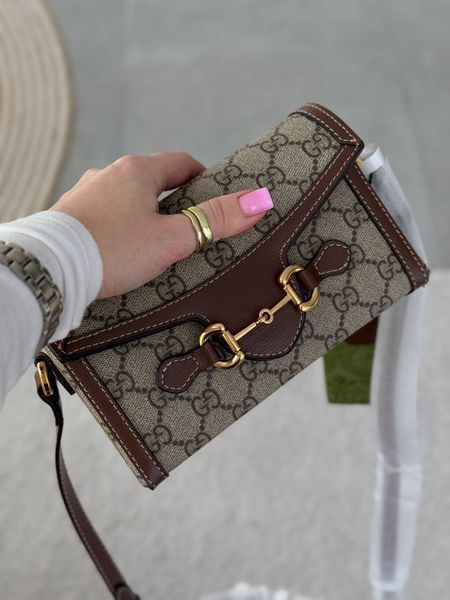 Cумка Gucci Horsebit 1955 Mini Bag in Beige and Dark Brown GG Supreme Canvas/Brown Leather Trim 137 фото