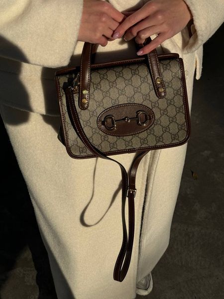 Cумка Gucci Horsebit 1955 Mini Top Handle Bag in Beige and Dark Brown GG Supreme Canvas/Brown Leather Trim 00090 фото