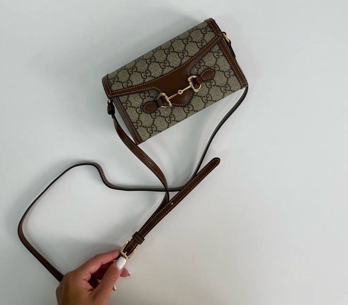 Cумка Gucci Horsebit 1955 Mini Bag in Beige and Dark Brown GG Supreme Canvas/Brown Leather Trim 137 фото