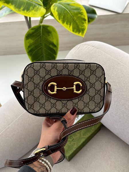 Сумка Gucci Horsebit 1955 Small Camera Shoulder Bag in Beige and Dark Brown GG Supreme Canvas/Brown Leather Trim 7719 фото