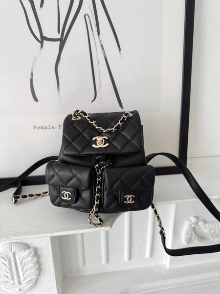 Рюкзак Chanel Backpack Quilted Grained Calfskin Leather Black/Gold 10136 фото