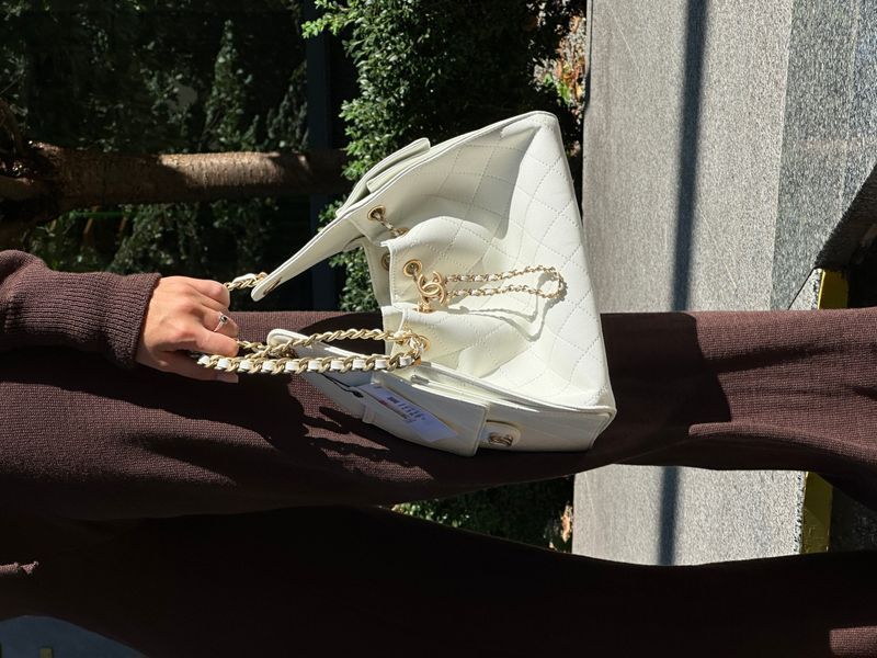 Сумка Chanel 25 Small Handbag in White Grained Calfskin & Gold-Tone Metal 164 фото