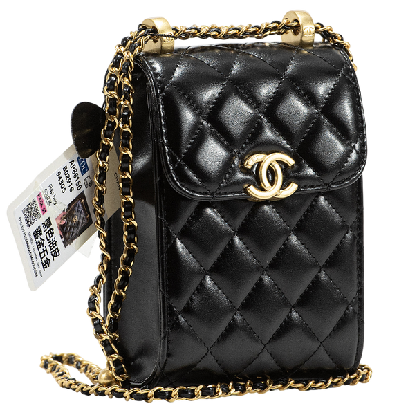 Cумка Chanel Pearl Crush Phone Case With Chain Lambskin Black/Gold 0256 фото