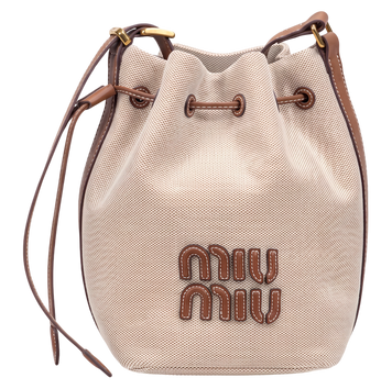 Брендова жіноча сумка Miu Miu Bucket Bag in Beige Canvas and Brown Leather Premium Quality 0618 фото