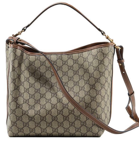 Сумка Gucci GG Emblem Medium Bucket Bag in Beige and Dark Brown New GG Monogram Coated Canvas 0411 фото