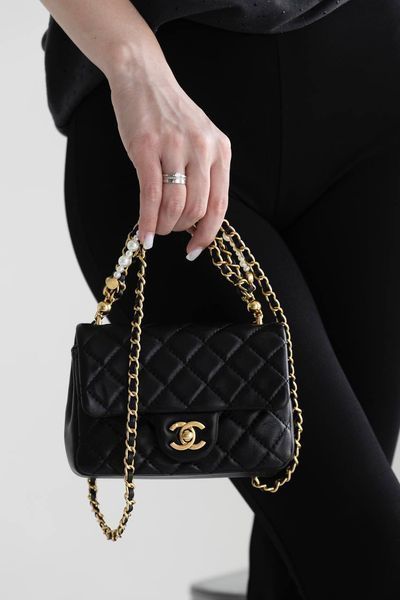 Сумка Chanel Mini Square Pearl Crush Flap Bag in Quilted Lambskin Black/Gold Hardware 0383 фото