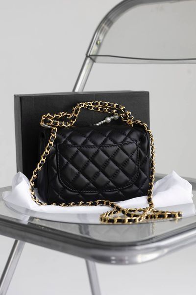 Сумка Chanel Mini Square Pearl Crush Flap Bag in Quilted Lambskin Black/Gold Hardware 0383 фото