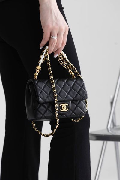 Сумка Chanel Mini Square Pearl Crush Flap Bag in Quilted Lambskin Black/Gold Hardware 0383 фото