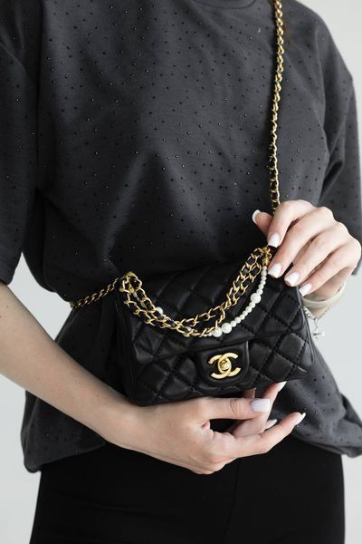 Сумка Chanel Mini Square Pearl Crush Flap Bag in Quilted Lambskin Black/Gold Hardware 0383 фото