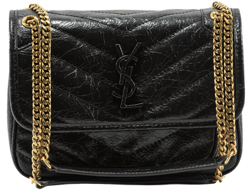 Сумка Saint Laurent Niki Baby Shoulder Bag in Black Quilted Crinkled Glossed Leather/Black Logo/Gold Hardware 627 фото