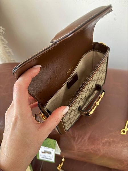 Сумка Gucci Horsebit 1955 Small Shoulder Bag in Beige and Dark Brown GG Supreme Canvas/Gold-Toned Hardware 0555 фото
