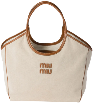Сумка Miu Miu Ivy Canvas and Leather Large Tote Bag in Beige/Brandy 239 фото