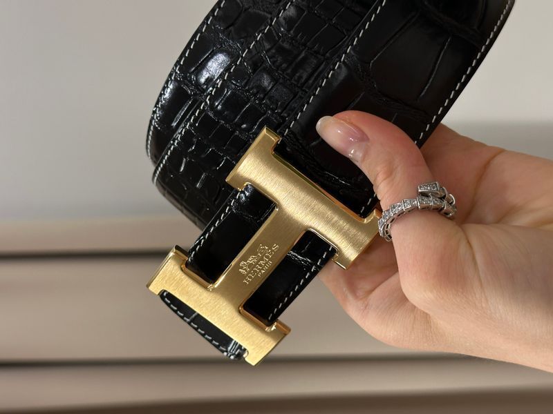 Ремінь Hermes Constance Belt in Porosus Crocodile Black/Gold 66174 фото